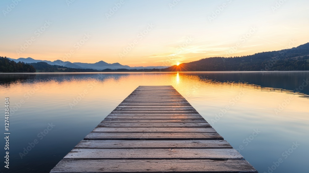 Fototapeta premium serene wooden pier stretches over calm lake at sunrise, with mountains in background