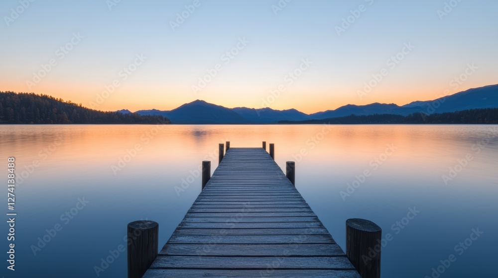 Fototapeta premium serene wooden pier stretches over calm lake at sunrise, surrounded by mountains