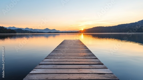 Fototapeta Naklejka Na Ścianę i Meble -  serene wooden pier stretches over calm lake at sunrise, with mountains in background