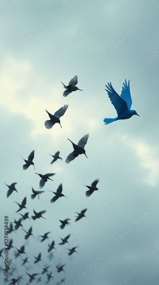 Flock of Identical Black Birds in Formation Against a Cloudy Sky with One Vibrant Blue Bird Flock of Identical Black Birds in Formation Against a Cloudy Sky with One Vibrant Blue Bird