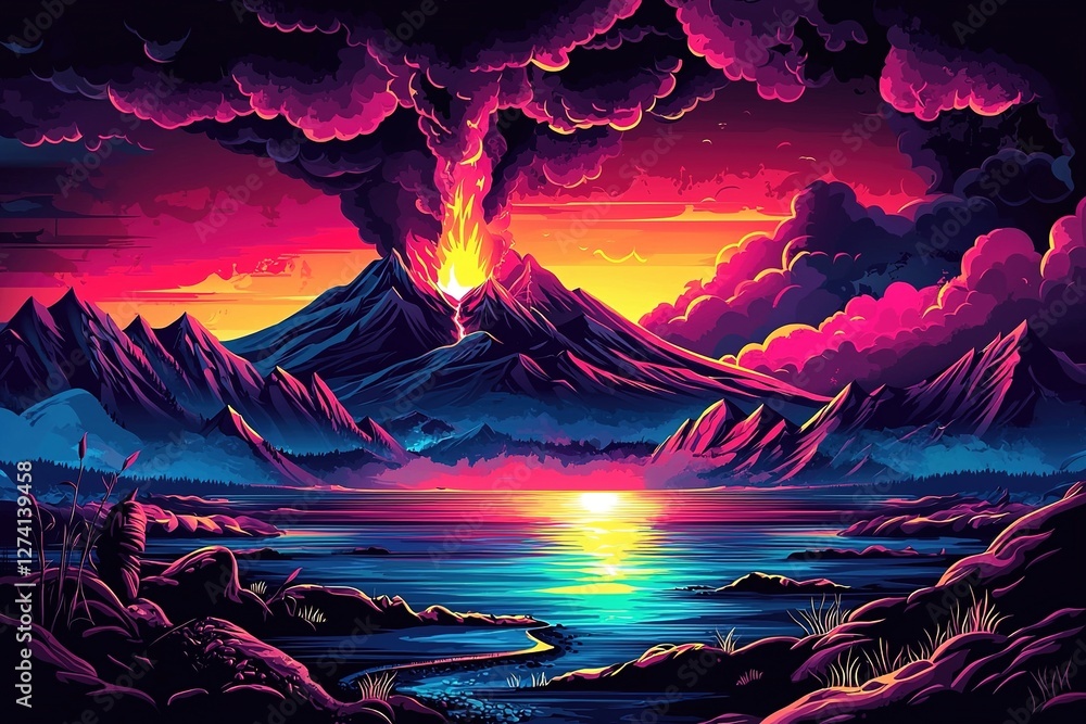 Fototapeta premium Volcano errupting and spitting out hot magma and smoke. Ai Generative