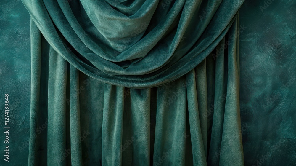 Obraz premium A rich, textured teal curtain drapes elegantly against a softly colored wall.