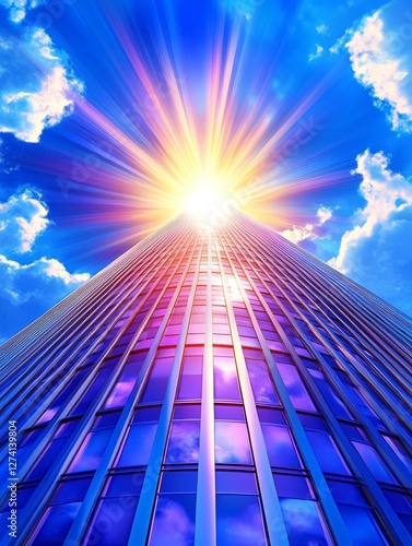 Wallpaper Mural Skyscraper Reaching for the Sun - A majestic skyscraper stretches towards a vibrant sunrise, showcasing ambition and success. The is full of energy and optimism Torontodigital.ca