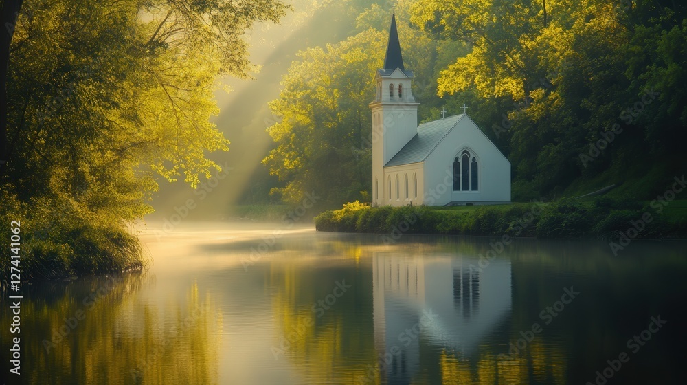 a small church by a calm river, surrounded by lush greenery. The churchs white walls and steeple reflect softly on the water a small church by a calm river, surrounded by lush greenery. The churchs white walls and steeple reflect softly on the water