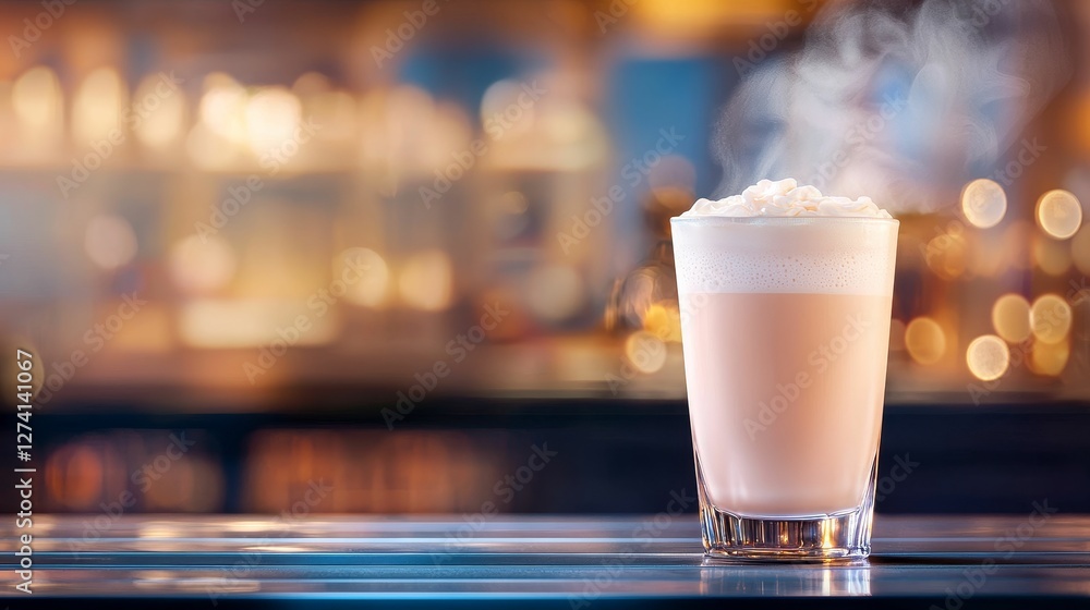 A steaming drink in a glass sits on a bar counter, with a blurred background that suggests a cozy, inviting atmosphere. A steaming drink in a glass sits on a bar counter, with a blurred background that suggests a cozy, inviting atmosphere.