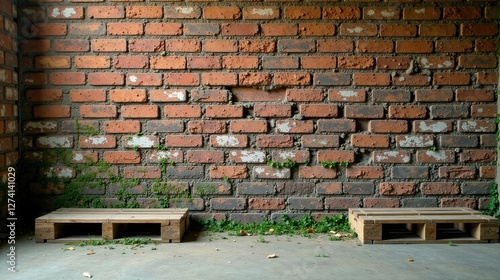Rustic Brick Wall with Two Simple Wooden Pallets, Ideal for Product Display or Artistic Composition