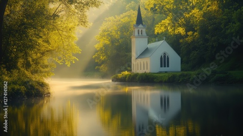 Wallpaper Mural a small church by a calm river, surrounded by lush greenery. The churchs white walls and steeple reflect softly on the water Torontodigital.ca
