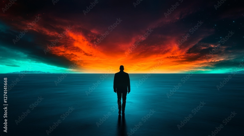 Solitary Journey into the Fiery Sunset - A lone figure walks towards a dramatic, fiery sunset, symbolizing hope, solitude, journey, transition, and the unknown Solitary Journey into the Fiery Sunset - A lone figure walks towards a dramatic, fiery sunset, symbolizing hope, solitude, journey, transition, and the unknown