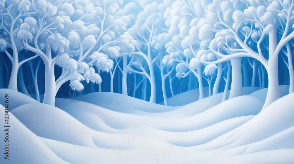 Obraz premium A serene winter landscape with softly falling snow, blanketing white trees and a gentle blue background. A peaceful scene that evokes calmness and tranquility during winter months.