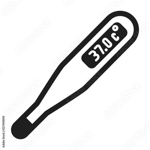 A black and white thermometer icon representing temperature measurement fever detection and medical diagnostics.
