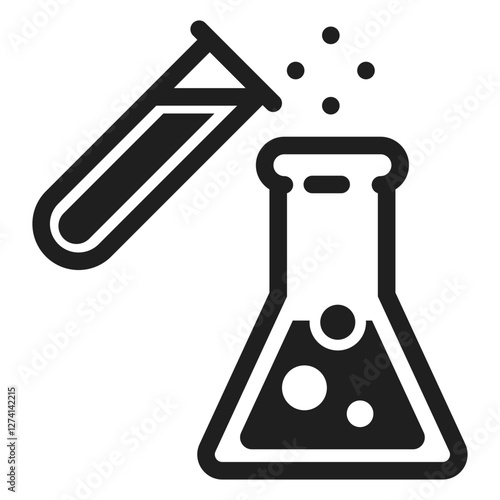 A black and white laboratory flask and test tube icon representing scientific research chemistry and medical experiments.