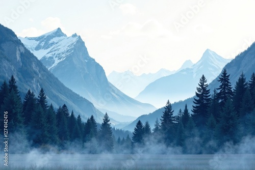 Serene Mountain Vista Misty Morning in a Coniferous Forest at the Foot of Majestic Peaks