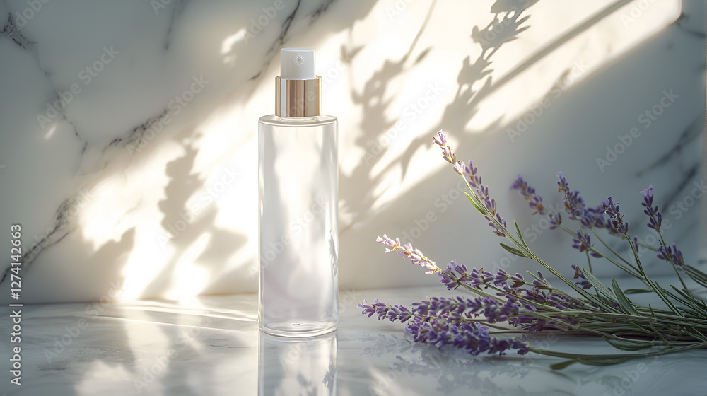 Elegant aromatherapy spray bottle with lavender blossoms for a soothing, spa-like experience. Elegant aromatherapy spray bottle with lavender blossoms for a soothing, spa-like experience.