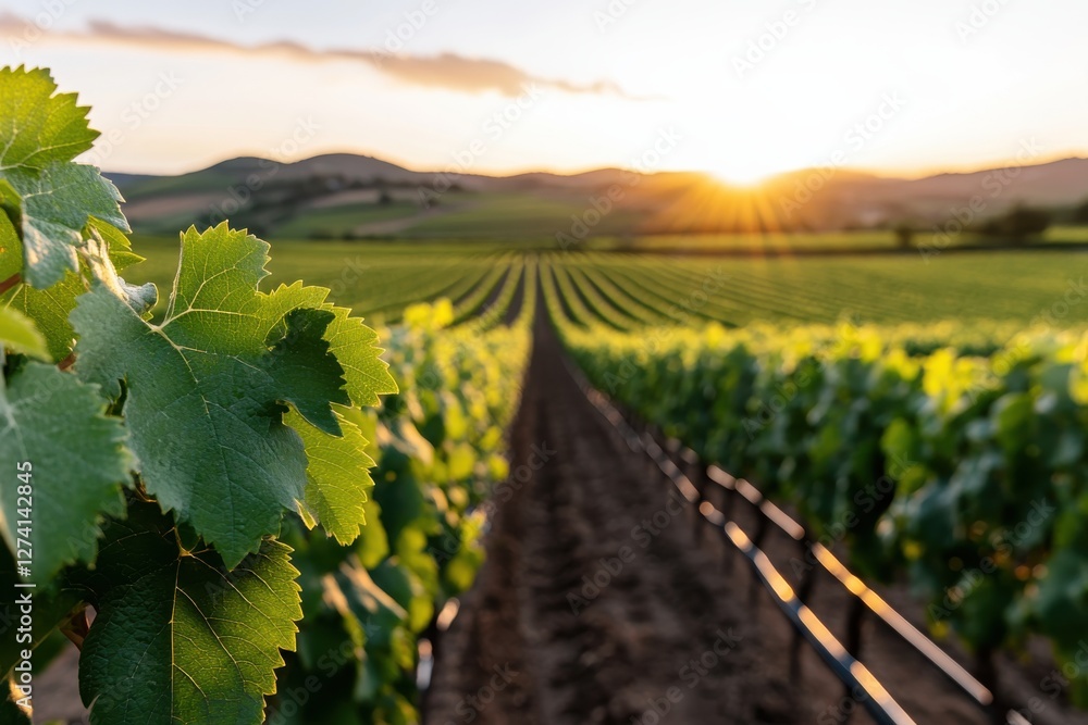 Fototapeta premium A stunning view of a vineyard reflecting the golden light of dawn, where neatly arranged grapevines stretch out, creating a captivating image of agricultural beauty.