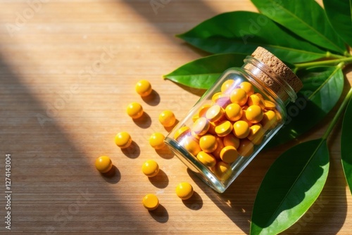 Bright Yellow Supplements Spilled from a Glass Jar on Wooden Surface with Lush Green Leaves in Sunlight