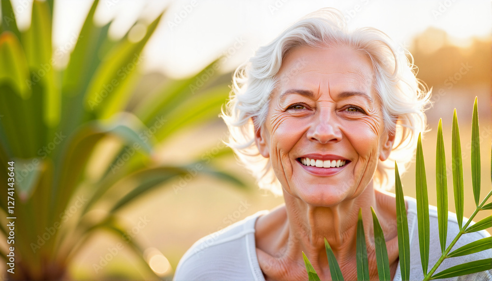 Smiling senior woman expressing joy among green palm leaves for blogs, websites, health and wellness content, greeting cards, and lifestyle magazines Smiling senior woman expressing joy among green palm leaves for blogs, websites, health and wellness content, greeting cards, and lifestyle magazines