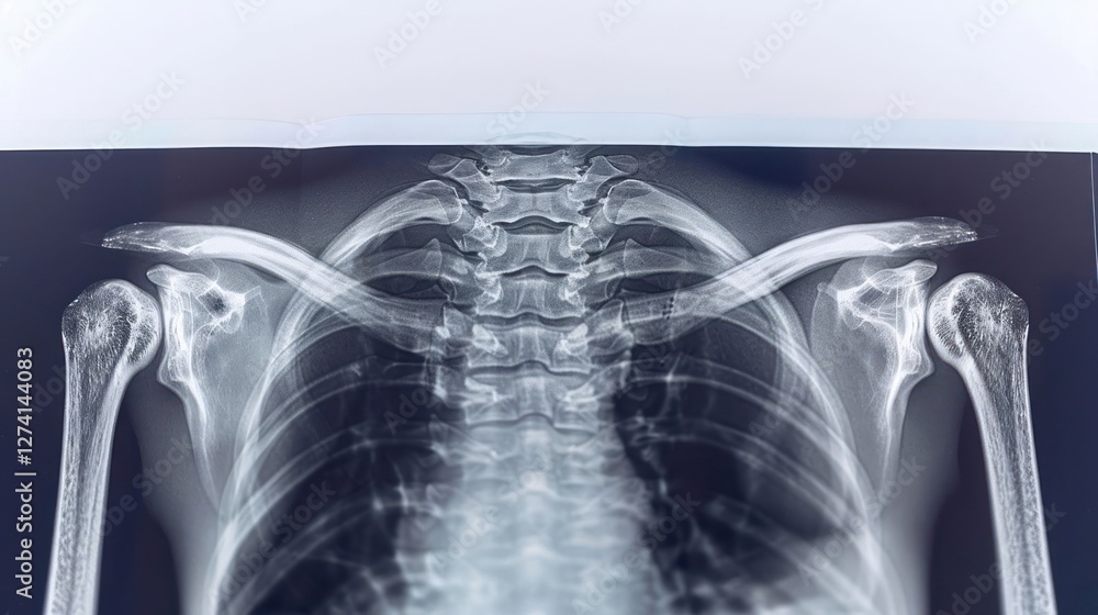 X-ray image showing the upper spine and shoulder region for medical examination. X-ray image showing the upper spine and shoulder region for medical examination.