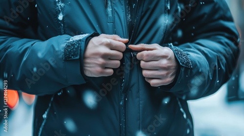 Person zipping up dark teal winter jacket in snow