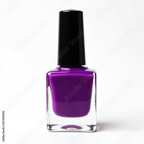 Glass bottle of purple nail polish on white. Decorative cosmetics mockup. Beauty product advertising. Nail polish bottle with black cap. Shiny colorful enamel for female manicure, pedicure. Beauty