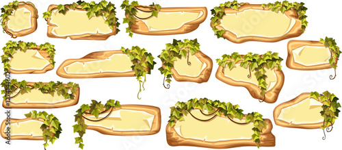 Wooden signboards with old paper, stems hedera helix, ivy, liana, grapes, vine. Set blank invitations, maps, jungle plants. 3d elements for messages, banners, applications, notebooks, mobile games.