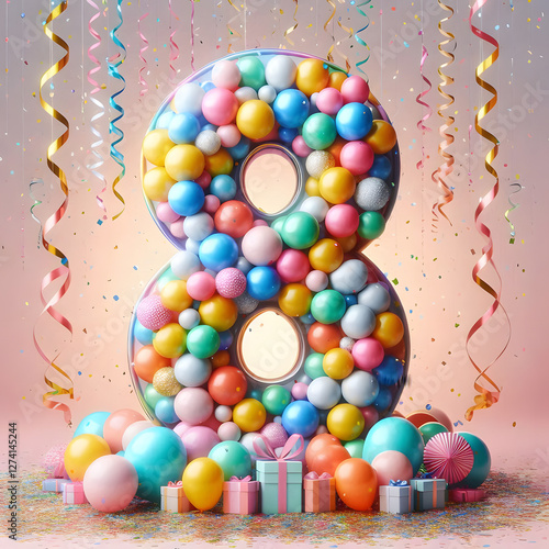 balloons Cartoon number 8 floating on colorful 