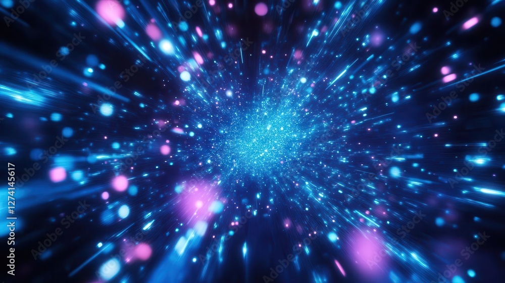 Naklejka premium Nostalgic Retro 80s Video Game Background Featuring a Vibrant Grid of Blue Light Streaks Set Against a Cosmic Space Scene