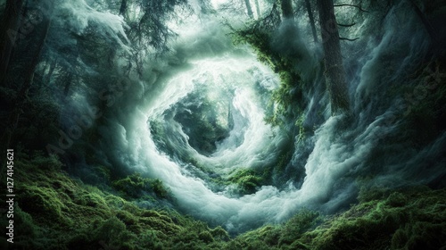 Mystical Scandinavian Forest Shrouded in Ethereal White and Black Smoke with Lush Green Moss, Towering Ancient Trees and Enchanting Atmosphere