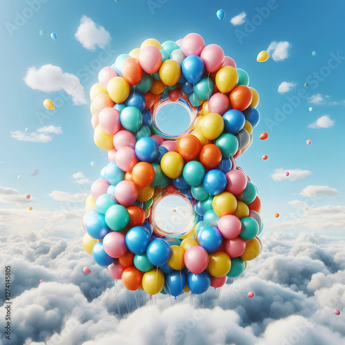 balloons Cartoon number 8 floating on colorful 