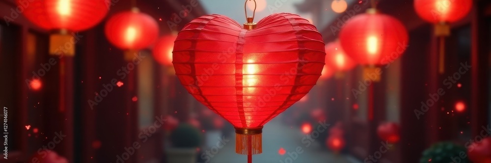 Obraz premium Red heart formed by Chinese lanterns & symbols , asian, asia, valentines