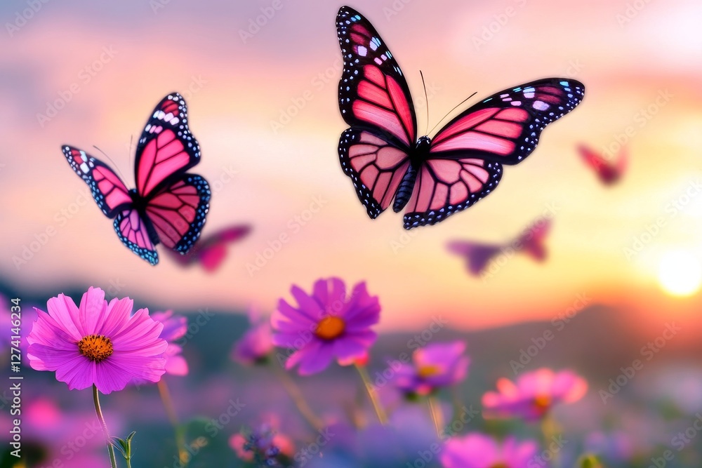 Naklejka premium Sunset Butterflies Over Cosmos Flowers - Two pink butterflies gracefully fly over a field of vibrant cosmos flowers at sunset. Symbolizing freedom, beauty, transformation, peace, and serenity