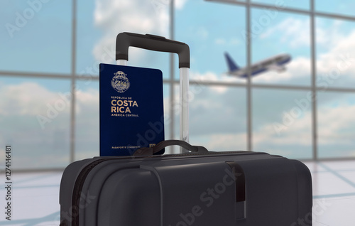 Costa Rica Passport on a Black Luggage Bag and a defocused airport background with an airplane taking off - 3D Illustration