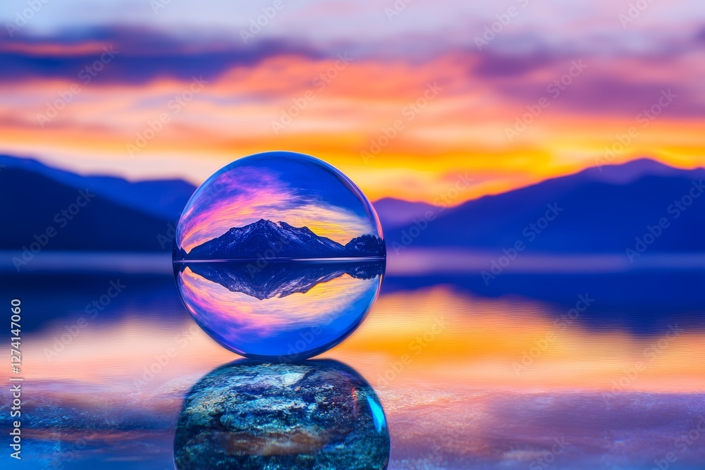 Sunset Reflection in Crystal Ball over Mountain Lake - Serene sunset mirrored in a crystal ball, symbolizing reflection, tranquility, nature's beauty, inner peace, and spiritual journey Sunset Reflection in Crystal Ball over Mountain Lake - Serene sunset mirrored in a crystal ball, symbolizing reflection, tranquility, nature's beauty, inner peace, and spiritual journey
