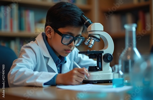 Smart indian boy in lab coat examines sample with microscope. Young student researches, takes notes in science classroom. Schoolboy learns science, biotechnology. Studying hard pursuing scientific photo