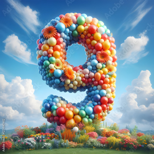 balloons Cartoon number 8 floating on colorful 