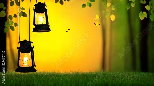 Sunset Serenity: Lanterns in the Woods - Two illuminated lanterns hang from a tree branch, silhouetted against a vibrant sunset. Peaceful forest scene