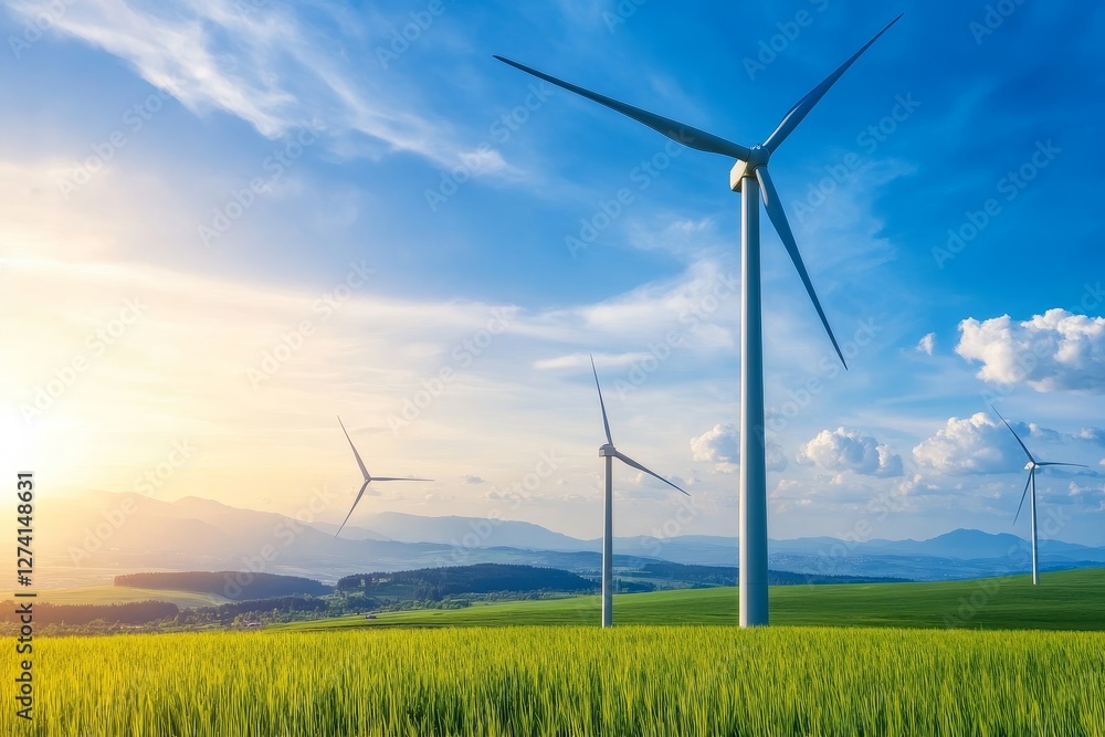 Sustainable Energy: Aerial View of Wind Turbines in Green Field - Clean energy, wind power, renewable resources, environmental conservation Sustainable Energy: Aerial View of Wind Turbines in Green Field - Clean energy, wind power, renewable resources, environmental conservation
