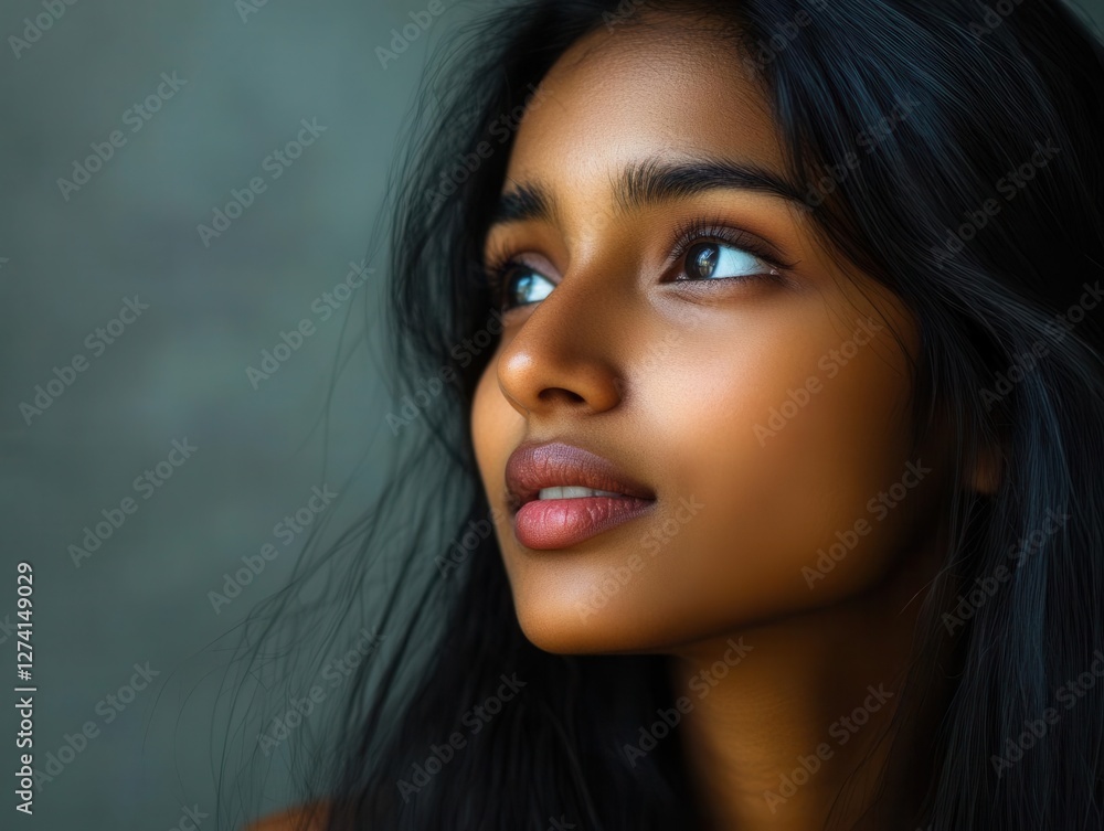 Striking portrait of an elegant Indian woman with sleek hair and expressive eyes, capturing timeless beauty and modern grace in a refined setting Striking portrait of an elegant Indian woman with sleek hair and expressive eyes, capturing timeless beauty and modern grace in a refined setting