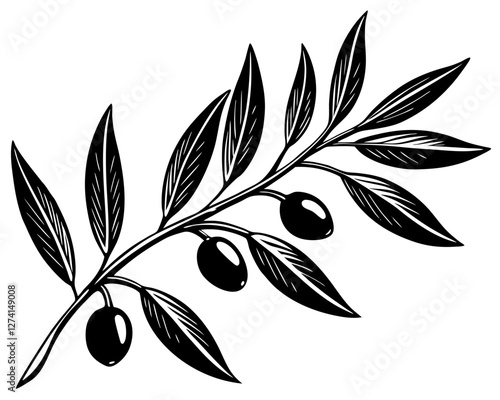 A simple, elegant silhouette of an olive branch with leaves and olives.