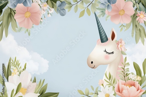 Sweet Unicorn in a Floral Dreamscape - A gentle unicorn rests amidst blossoming flowers, symbolizing dreams, magic, purity, peace, and beauty. Perfect for children's themes photo