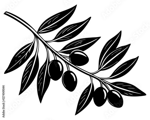 A simple, elegant silhouette of an olive branch with leaves and olives.