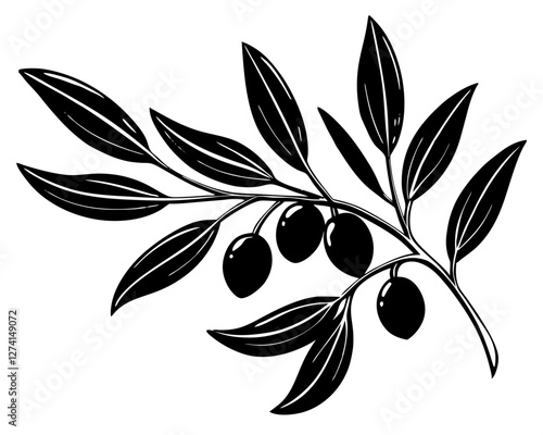 A simple, elegant silhouette of an olive branch with leaves and olives.
