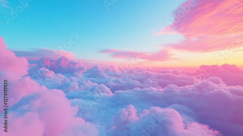 Stunning Aerial Vista Over a Dreamlike Cloudscape at Sunset Featuring a Majestic Blend of Blue Skies and Soft Pink Hues in 3D Illustration