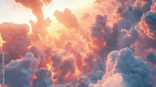 Stunning Aerial Vista Over a Dreamlike Cloudscape at Sunset Featuring a Majestic Blend of Blue Skies and Soft Pink Hues in 3D Illustration