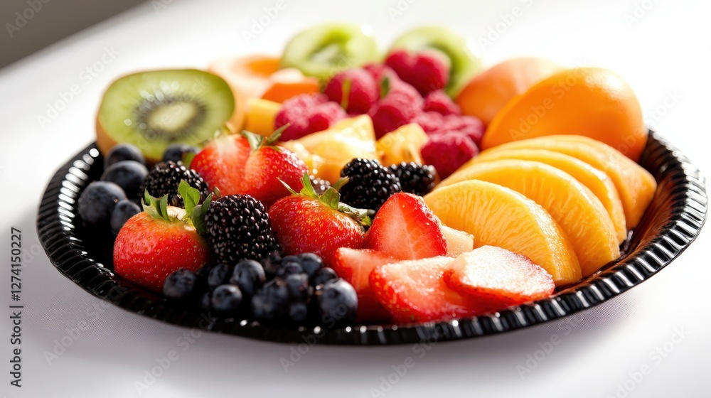 A vibrant assortment of fresh fruits including strawberries, blueberries, kiwi, and raspberries displayed on a black platter, ideal for healthy desserts and snacks. A vibrant assortment of fresh fruits including strawberries, blueberries, kiwi, and raspberries displayed on a black platter, ideal for healthy desserts and snacks.