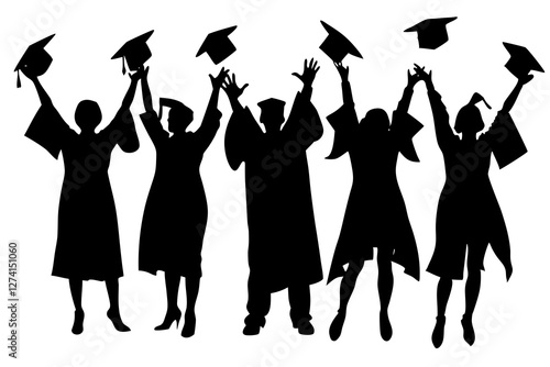 Happy students celebrating graduation Silhouette on white background