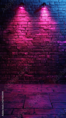 Colorful neon lights illuminate a textured brick wall in a dimly lit urban space at night