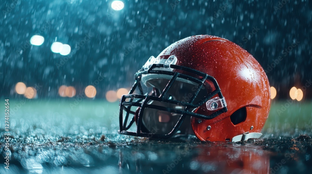A close-up of a bright red football helmet rests on a rainy field, evoking the spirit of competition and the relentless pursuit of victory during challenging weather. A close-up of a bright red football helmet rests on a rainy field, evoking the spirit of competition and the relentless pursuit of victory during challenging weather.