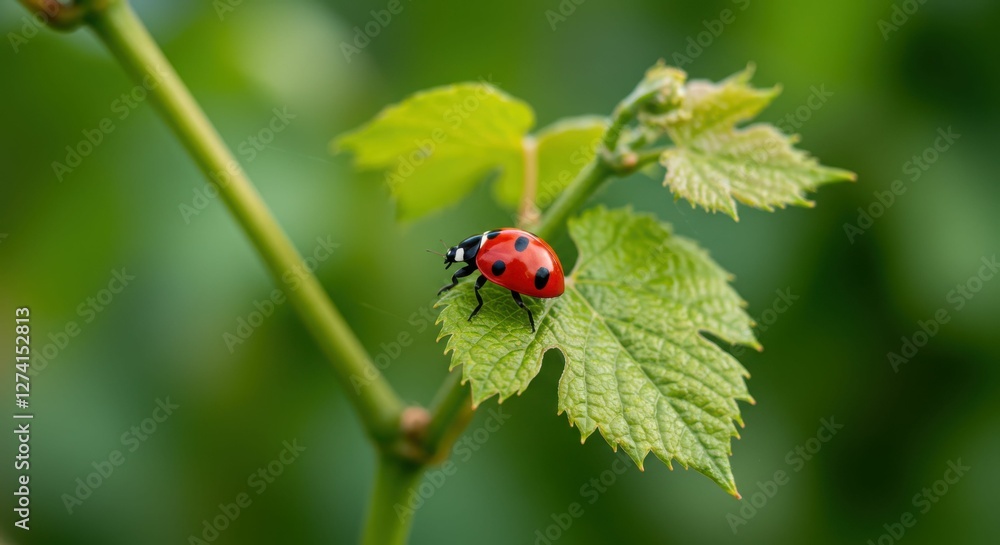 Vibrant red ladybug on green leaf in natural outdoor setting Vibrant red ladybug on green leaf in natural outdoor setting