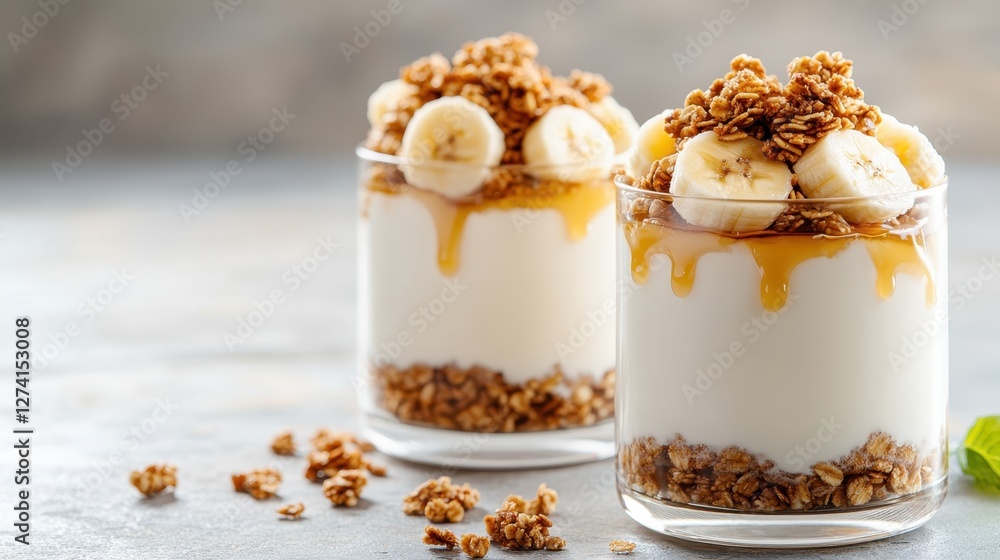 Two perfectly styled yogurt parfaits in clear glasses feature enticing layers of yogurt, granola, and fresh bananas, topped with honey and mint for a fresh appearance. Two perfectly styled yogurt parfaits in clear glasses feature enticing layers of yogurt, granola, and fresh bananas, topped with honey and mint for a fresh appearance.