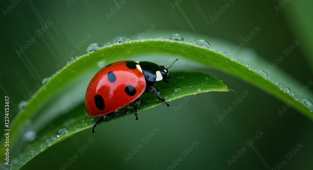Fototapeta premium Close-up of ladybug on dew-covered leaf in rainy nature scene